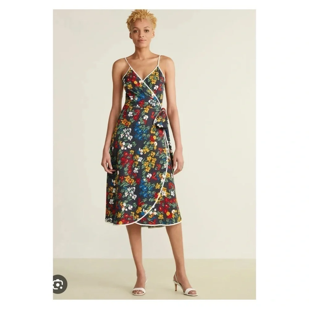 TORY BURCH Navy Blue Floral Grotto Midi Wrap Dress Size 8